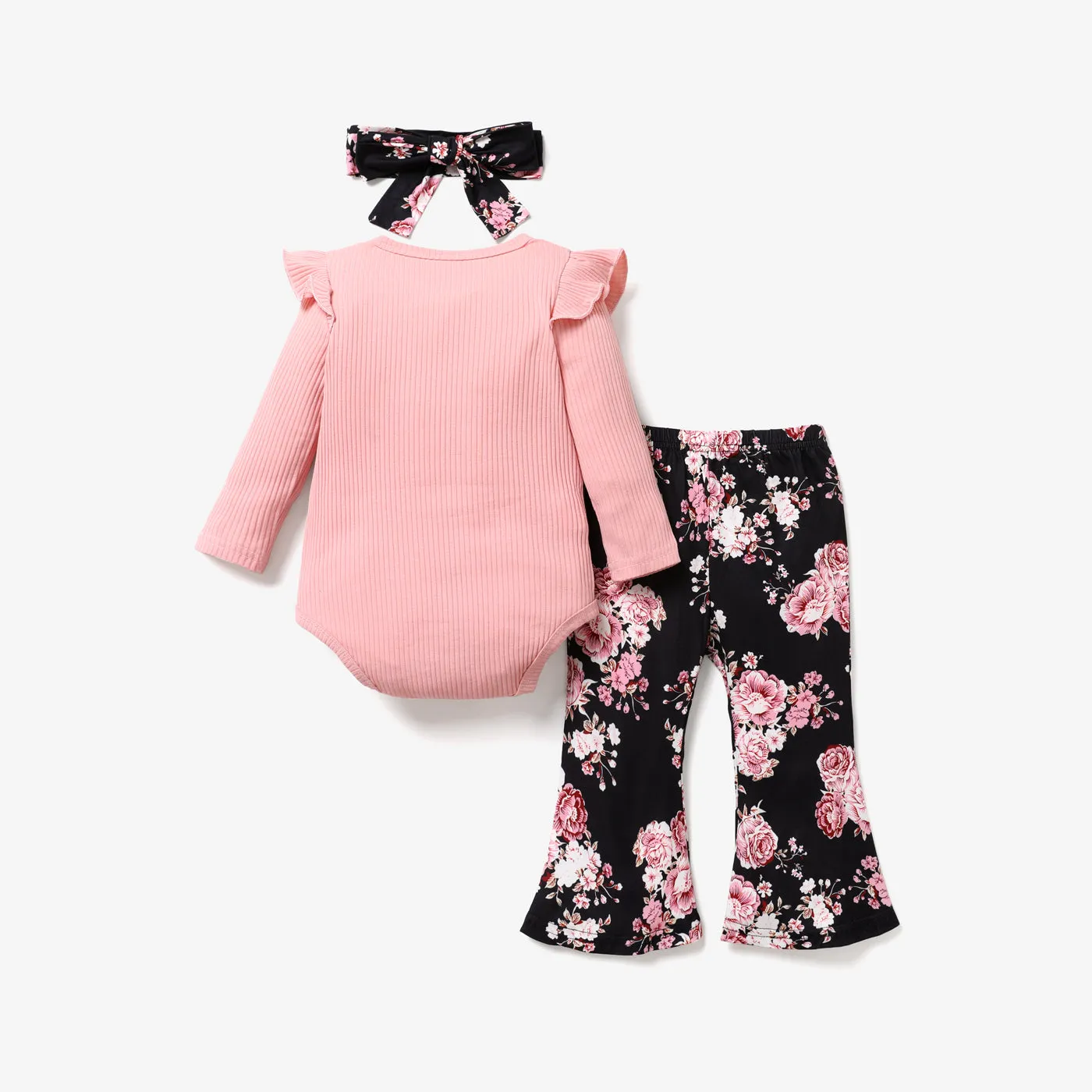 3pcs Baby Letter Embroidered Ribbed Long-sleeve Romper and Sunflower Floral Print Bell Bottom Pants Set