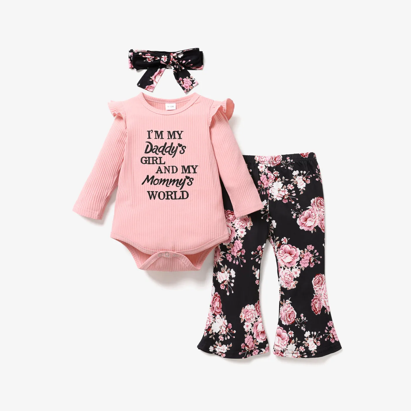 3pcs Baby Letter Embroidered Ribbed Long-sleeve Romper and Sunflower Floral Print Bell Bottom Pants Set