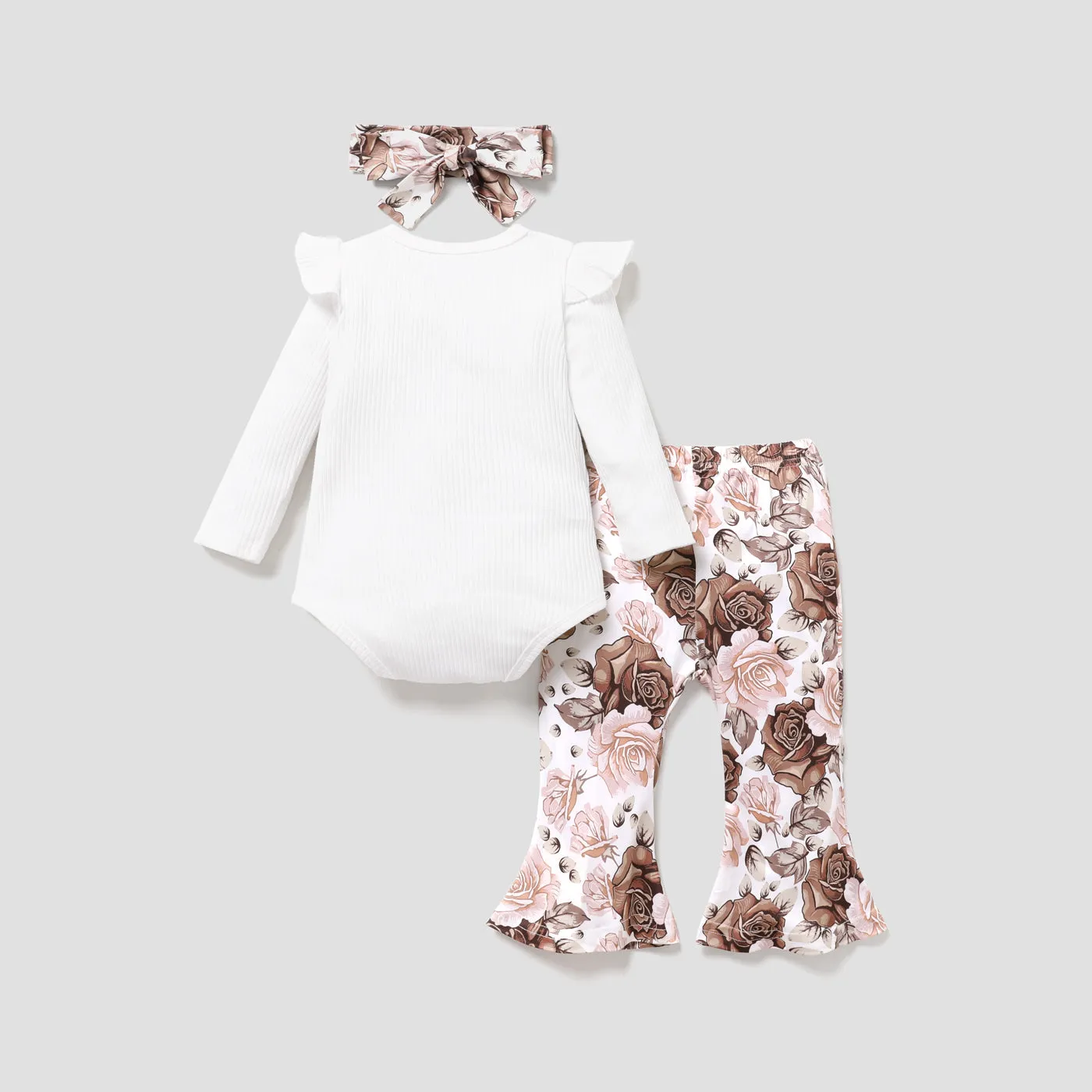 3pcs Baby Letter Embroidered Ribbed Long-sleeve Romper and Sunflower Floral Print Bell Bottom Pants Set