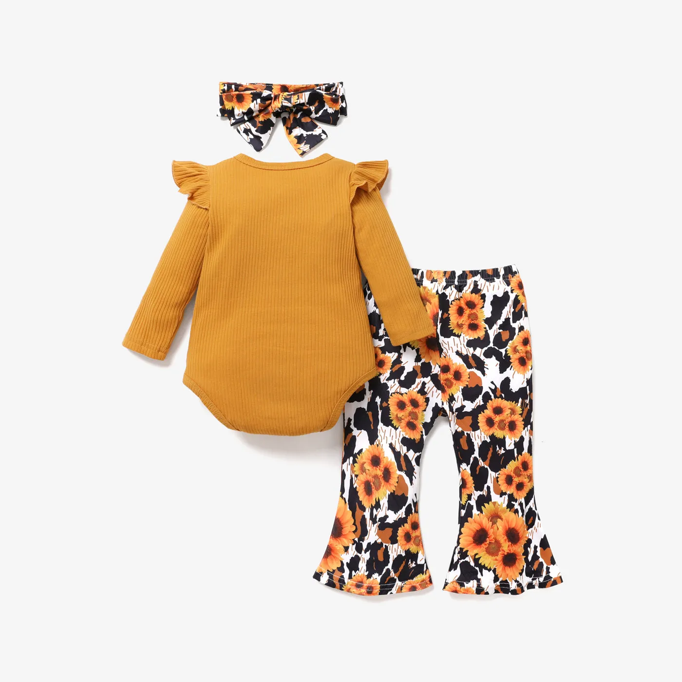 3pcs Baby Letter Embroidered Ribbed Long-sleeve Romper and Sunflower Floral Print Bell Bottom Pants Set