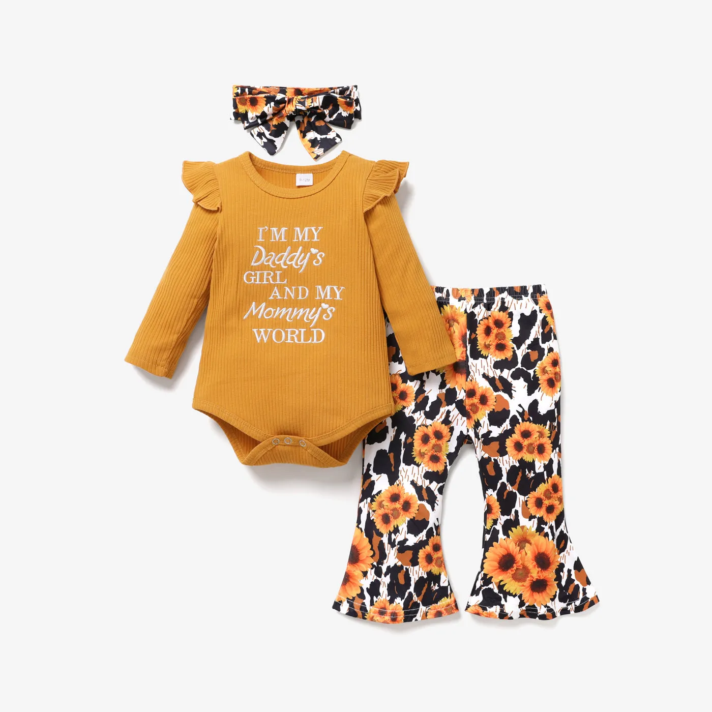 3pcs Baby Letter Embroidered Ribbed Long-sleeve Romper and Sunflower Floral Print Bell Bottom Pants Set