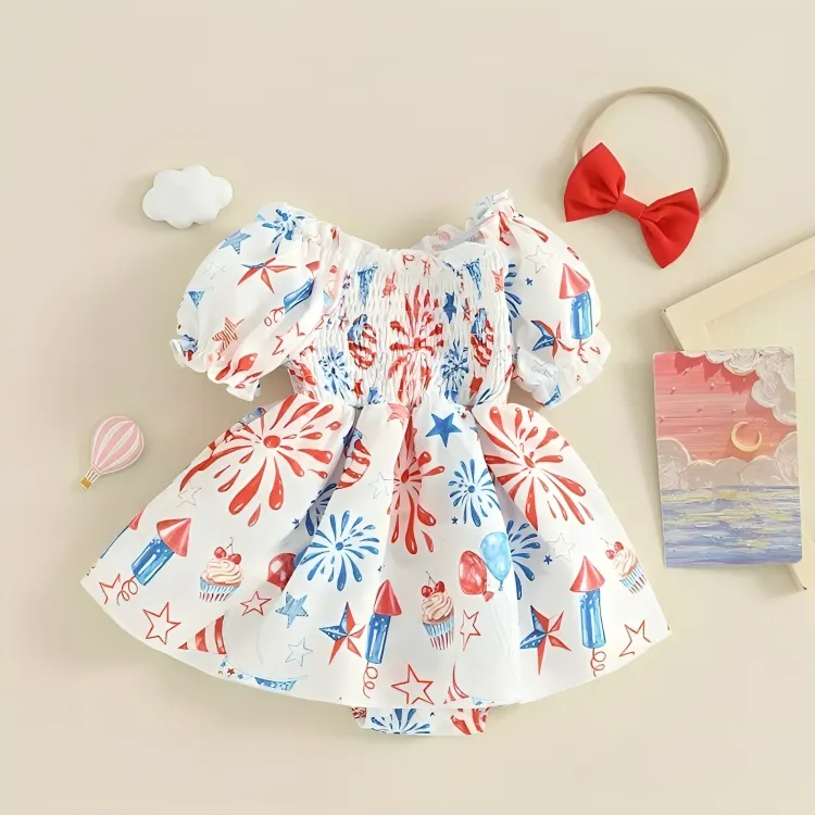 4th of July Puff Sleeve Baby Romper