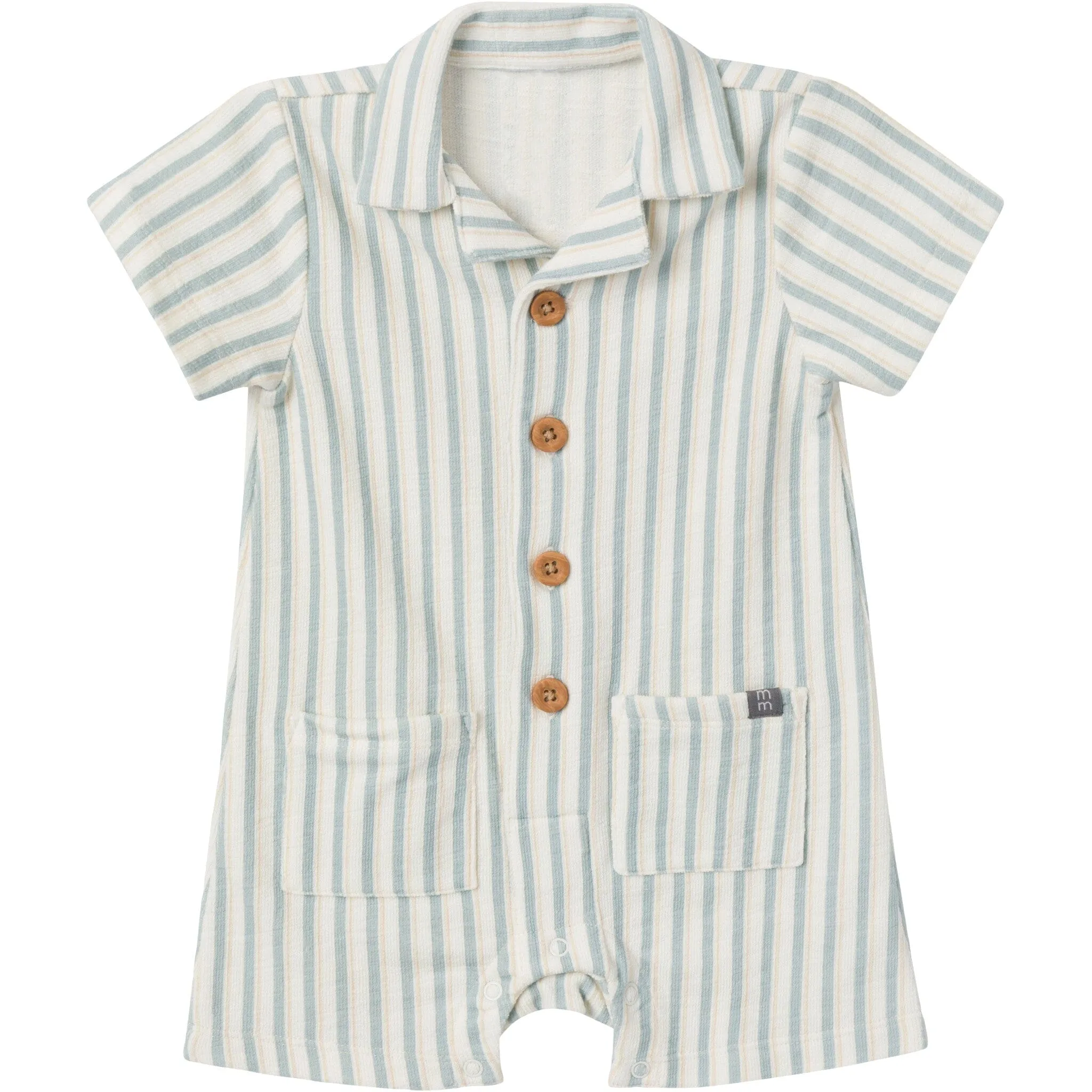 Baby Boys Ivory Teal Stripe Collared Short Sleeve Romper