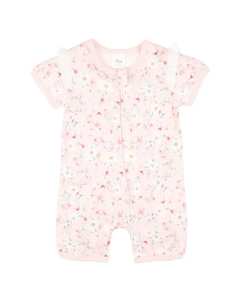BEBE ZOE PRINT SHORT SLEEVE ZIP ROMPER