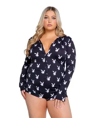 Black Playboy Bunny Print Slumber Romper (Plus Size Available)