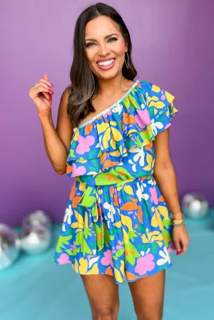 Blue Multi Print One Shoulder Double Flounce Elastic Tie Waist Romper *FINAL SALE*