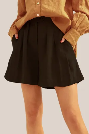 Breathable Elastic Waist Pleated Linen Short Pants - Black