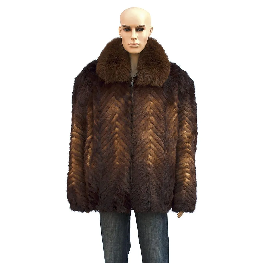 Chevron Mink Jacket with Fox Collar - Whiskey