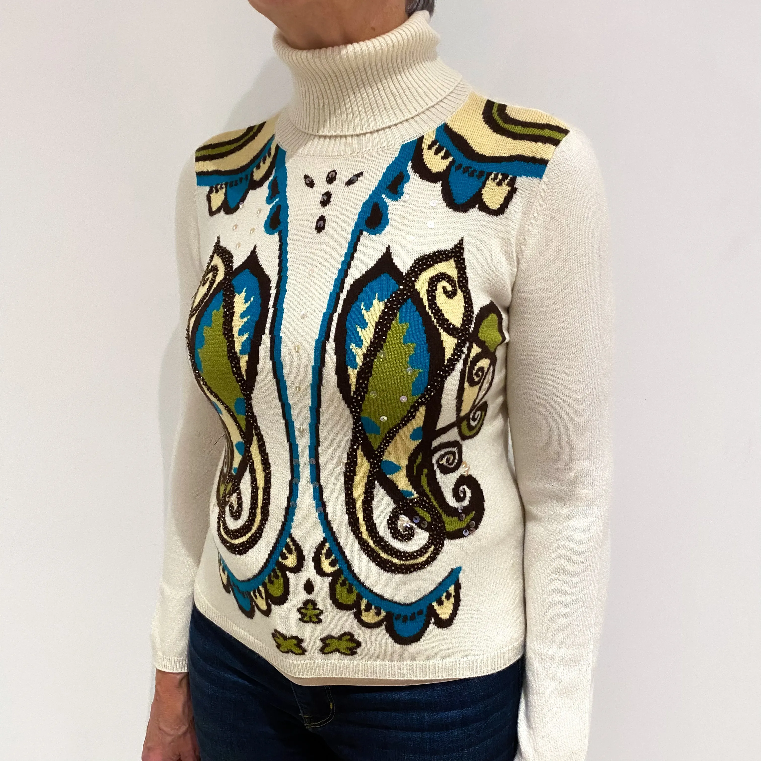 Cream Patterned Cashmere Polo Neck Jumper Medium