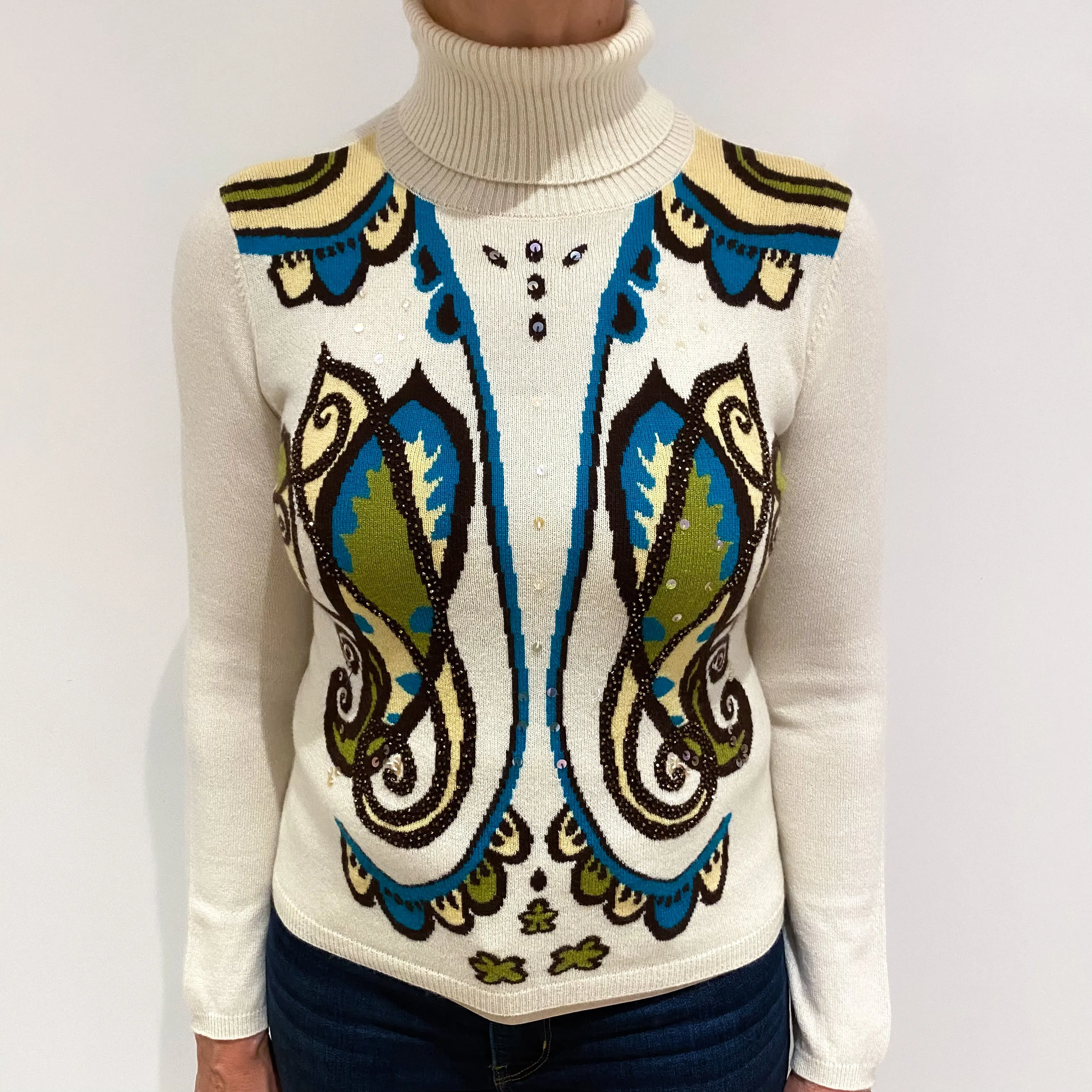Cream Patterned Cashmere Polo Neck Jumper Medium