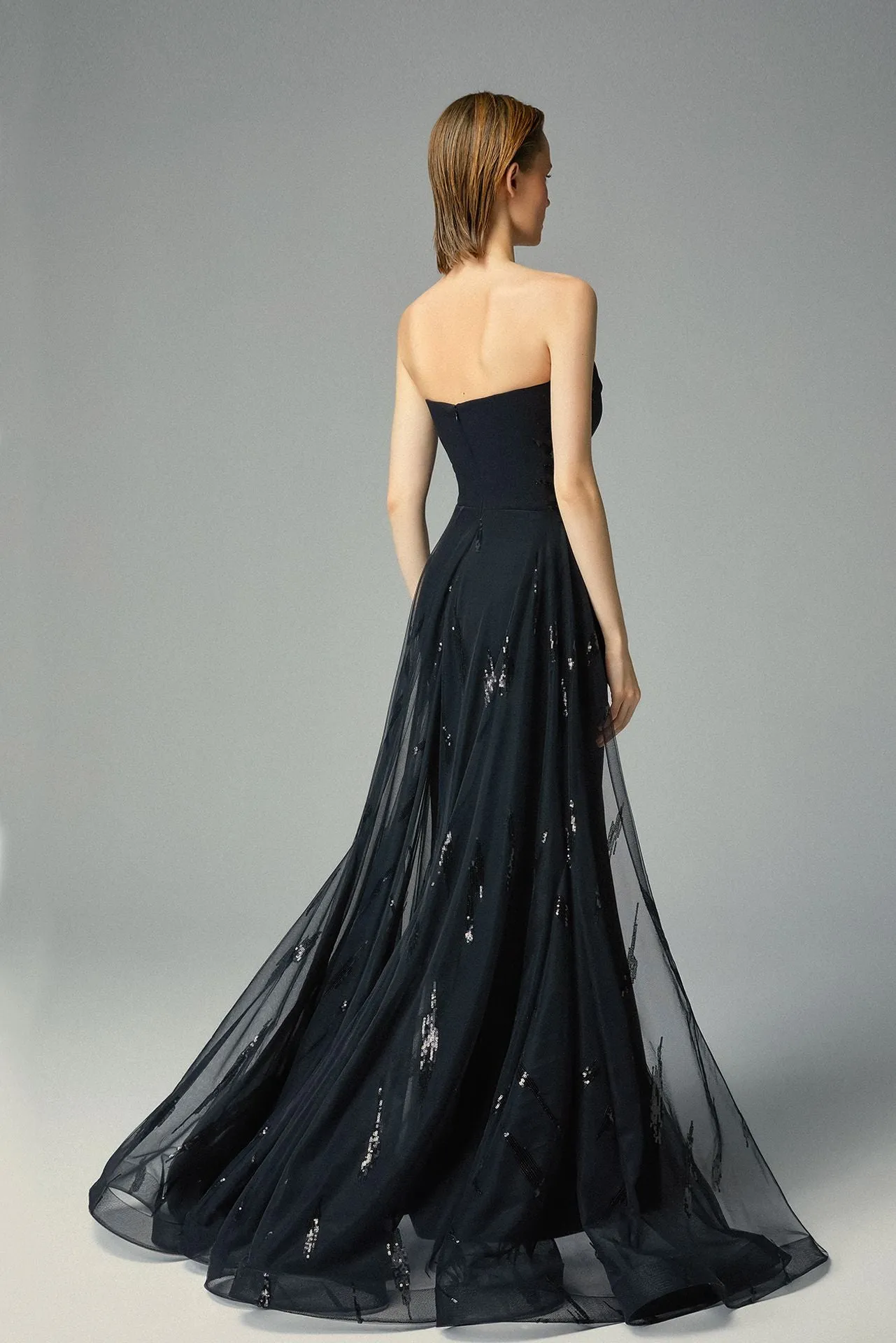 Crepe Sweetheart Satiny Layered Neckline and Sequined Over-skirt