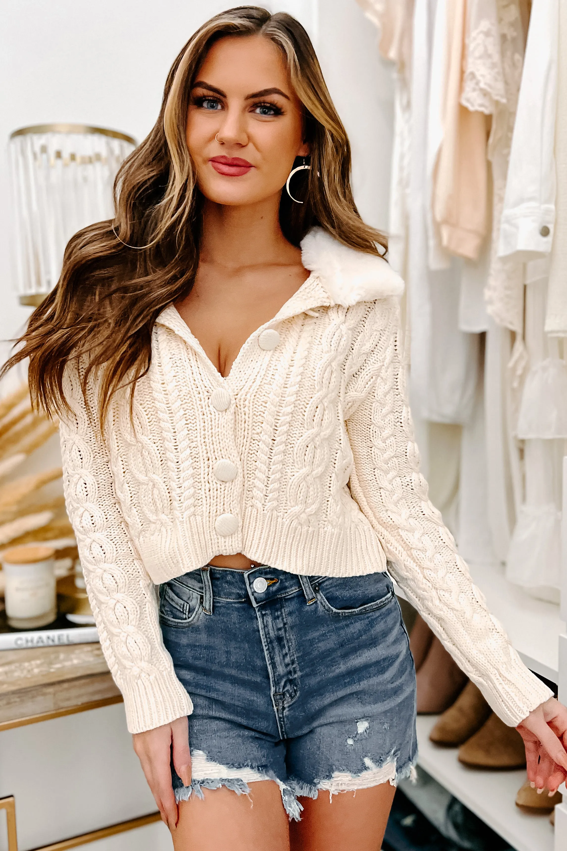 Don't Call Me Sweetheart Fur Collared Cable Knit Cardigan (Ivory)