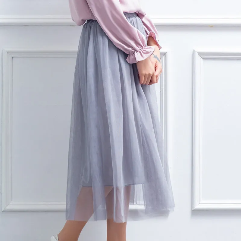 Double Layer Mesh Skirt Women Mid-Length Tutu aHigh Waist Pleated Skirt