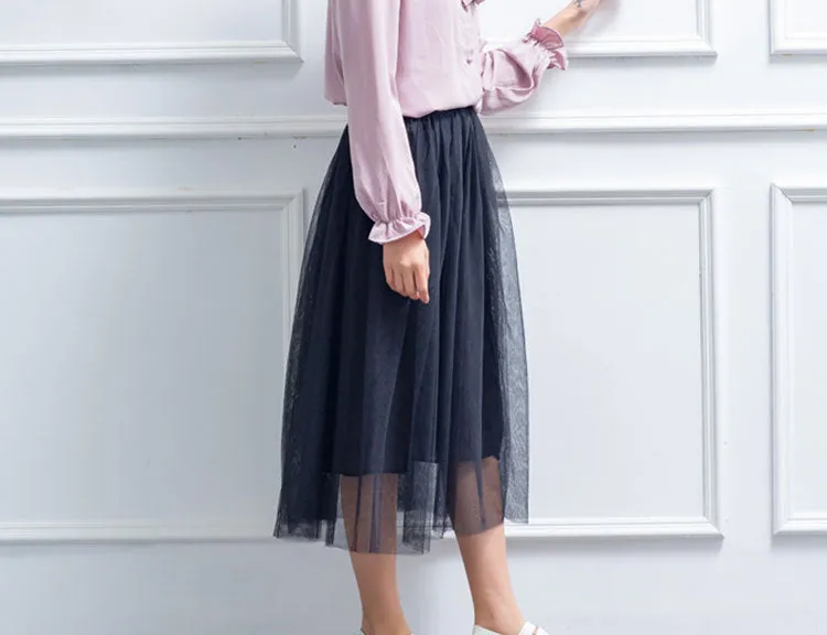 Double Layer Mesh Skirt Women Mid-Length Tutu aHigh Waist Pleated Skirt