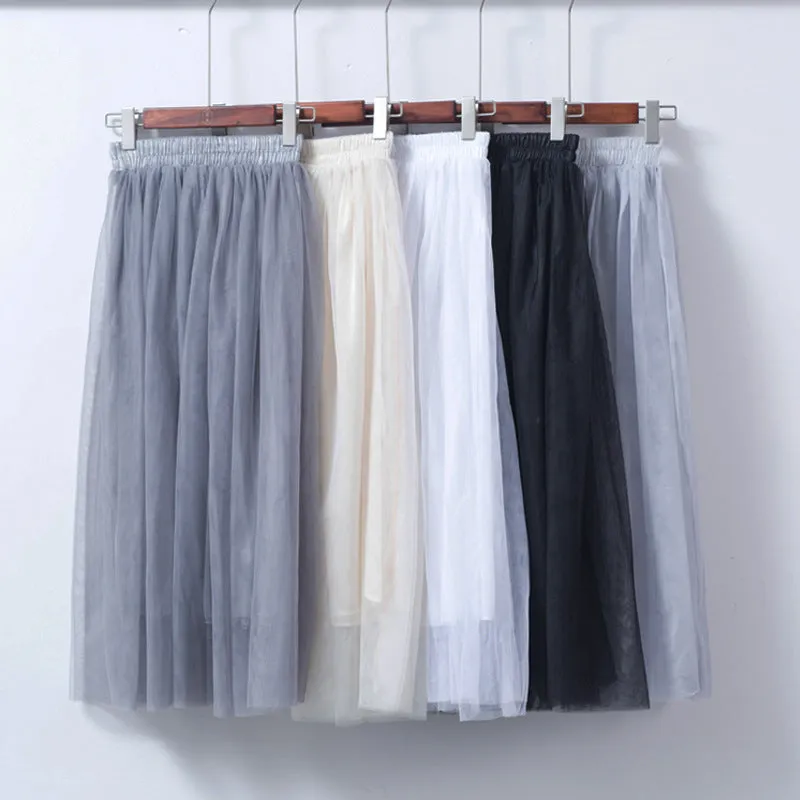 Double Layer Mesh Skirt Women Mid-Length Tutu aHigh Waist Pleated Skirt