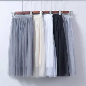Double Layer Mesh Skirt Women Mid-Length Tutu aHigh Waist Pleated Skirt