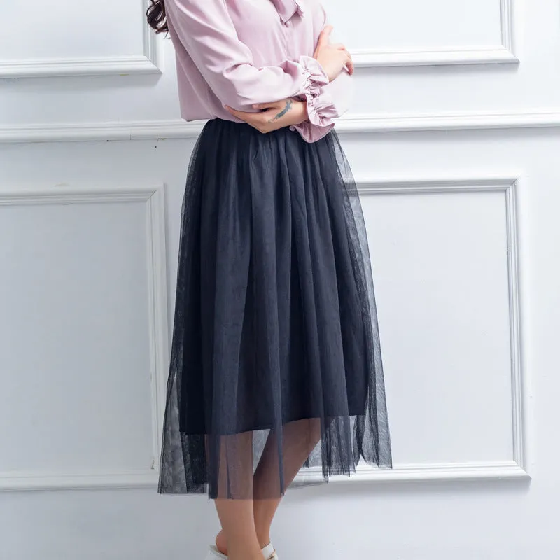 Double Layer Mesh Skirt Women Mid-Length Tutu aHigh Waist Pleated Skirt