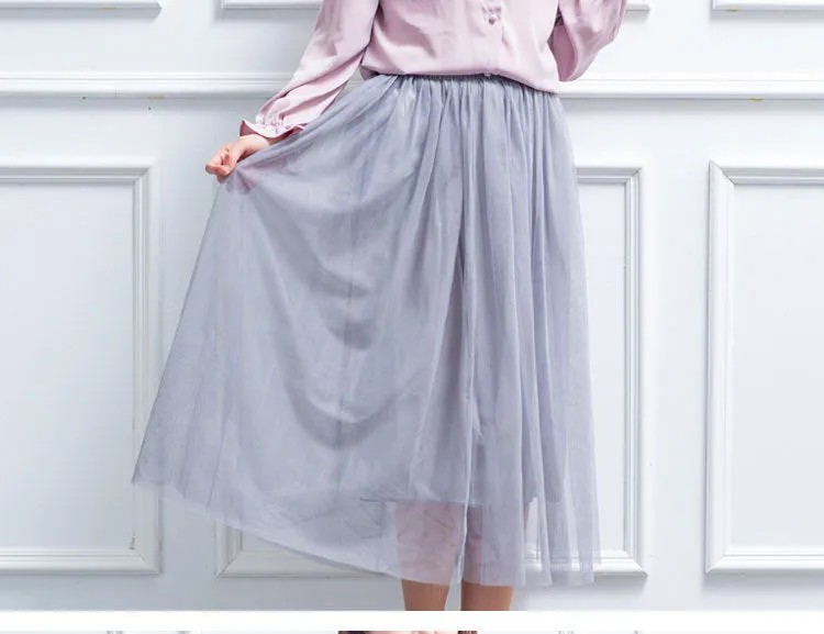 Double Layer Mesh Skirt Women Mid-Length Tutu aHigh Waist Pleated Skirt