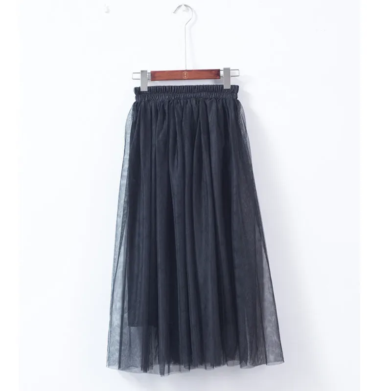Double Layer Mesh Skirt Women Mid-Length Tutu aHigh Waist Pleated Skirt