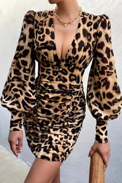 Fashion Elegant & Stylish Leopard Floral Patchwork Fold V Neck Pencil Skirt Dresses(4 Colors)