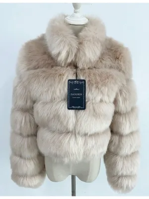 Faux Fur Ribbed Pattern Women's Solid Color Cropped Mandarin Collar Jacket
