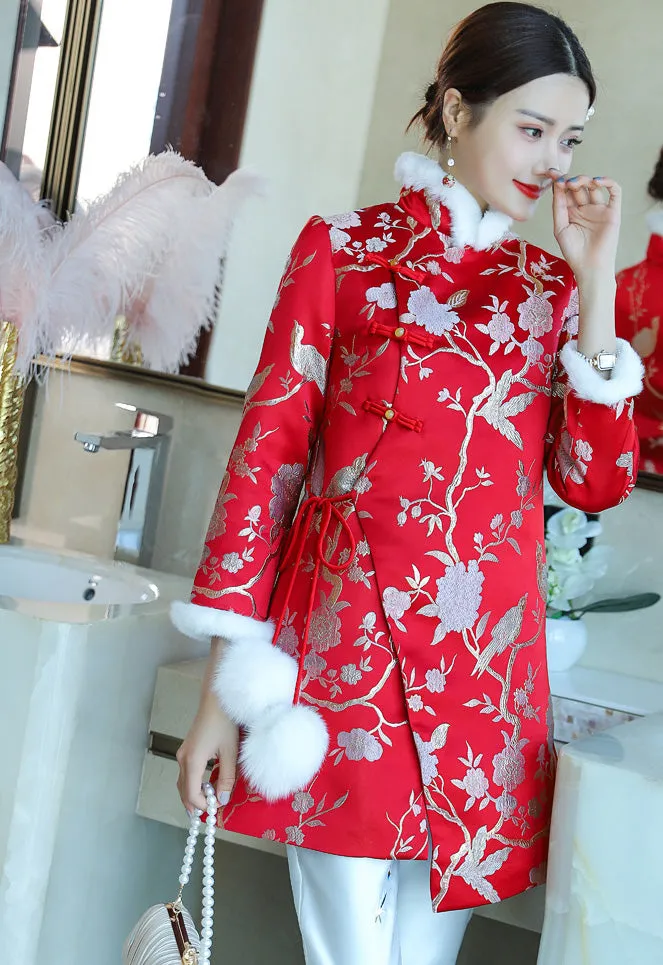 Floral Brocade Fur Collar Chinese Style Bodycon Wind Coat