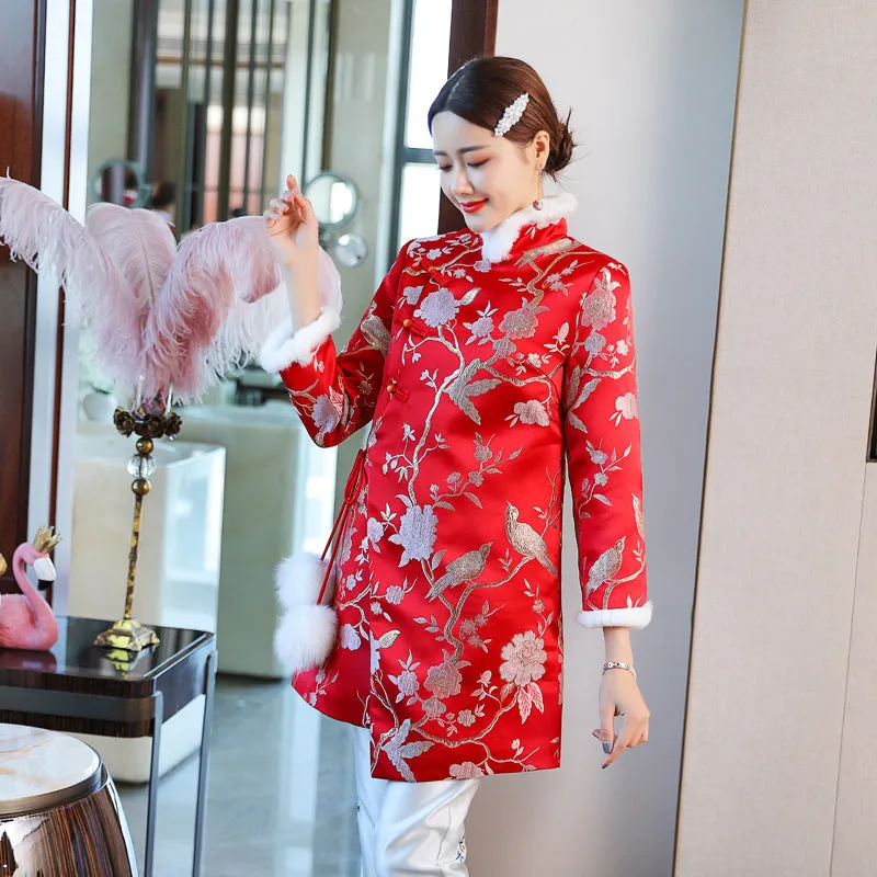 Floral Brocade Fur Collar Chinese Style Bodycon Wind Coat