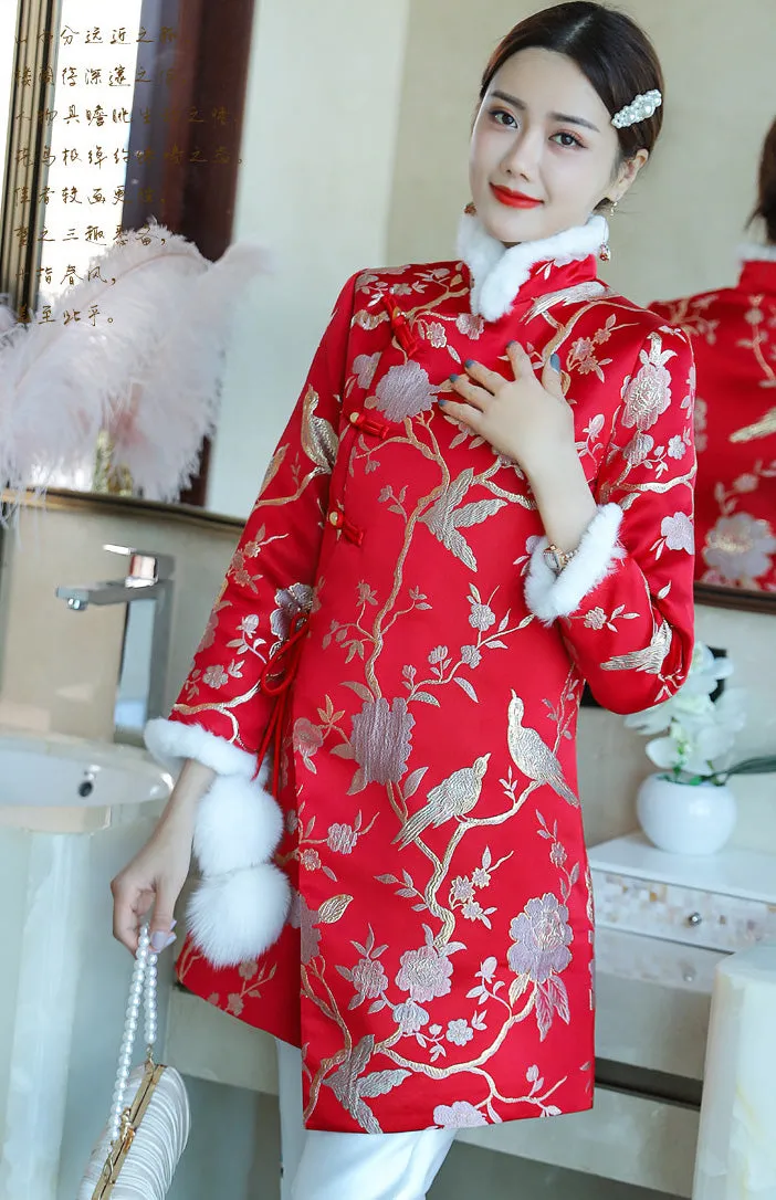 Floral Brocade Fur Collar Chinese Style Bodycon Wind Coat