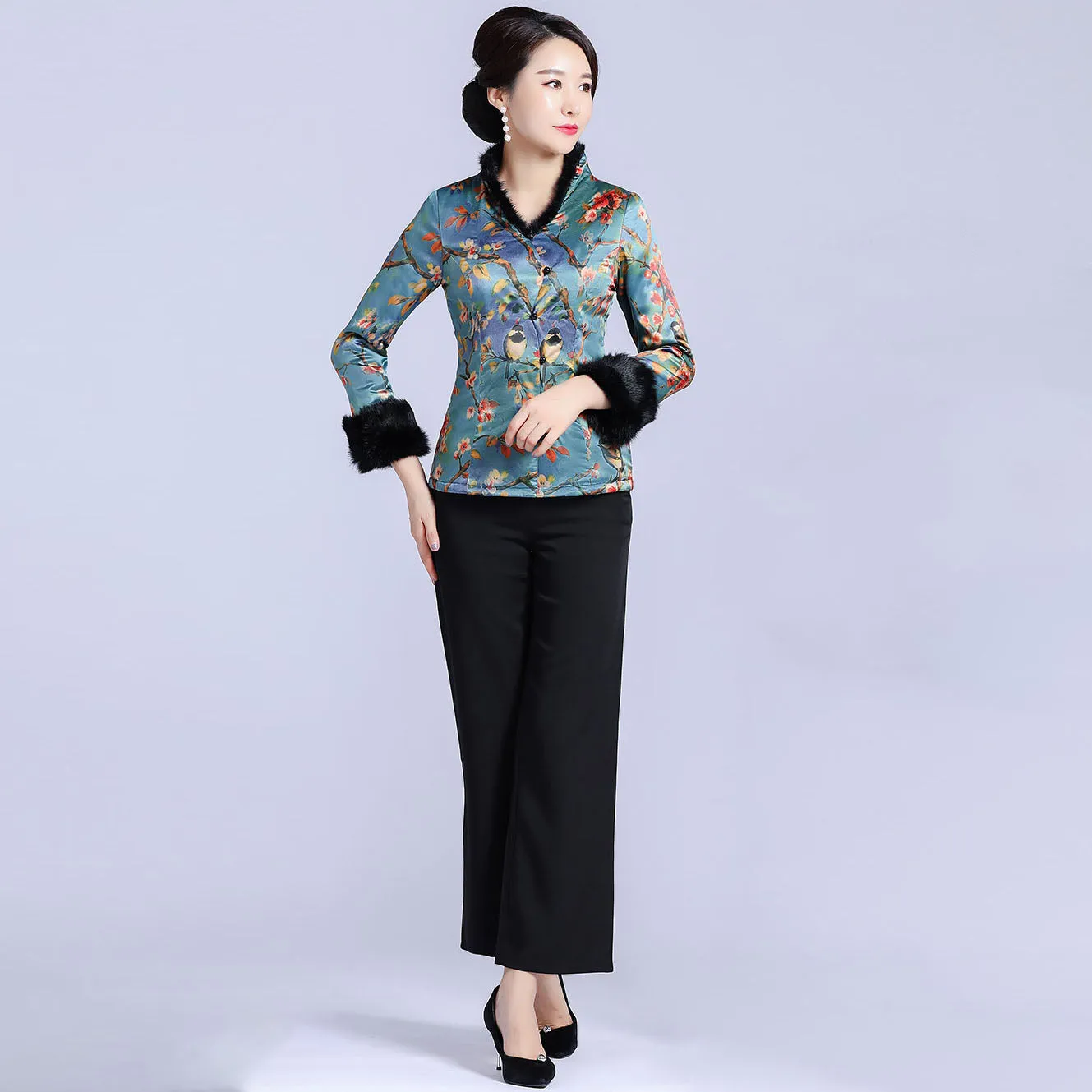 Fur Collar & Cuff Brocade Chinese Jacket with Long Pants