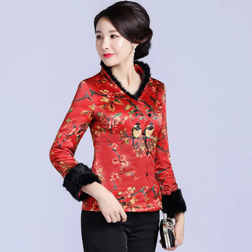 Fur Collar & Cuff Brocade Chinese Jacket with Long Pants