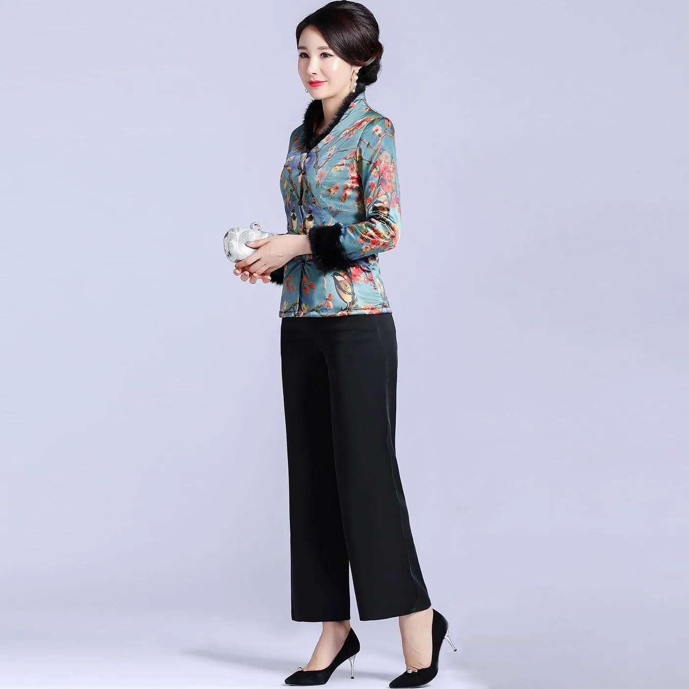 Fur Collar & Cuff Brocade Chinese Jacket with Long Pants
