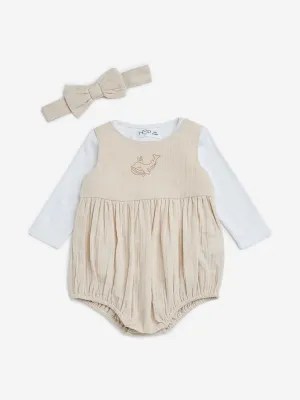 HOP Baby Beige Textured Romper, Cotton T-Shirt and Headband Set