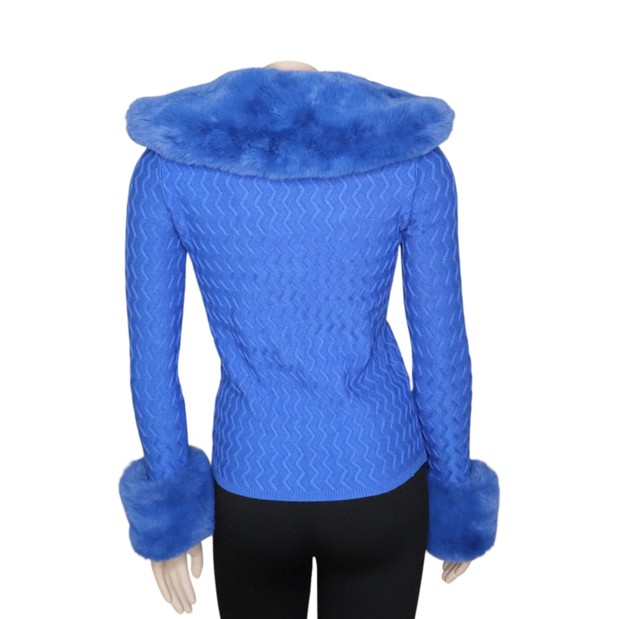 House Of Sunny Midnight Swirl Peggy Cardigan In Blue Faux Fur Collar & Cuffs XS