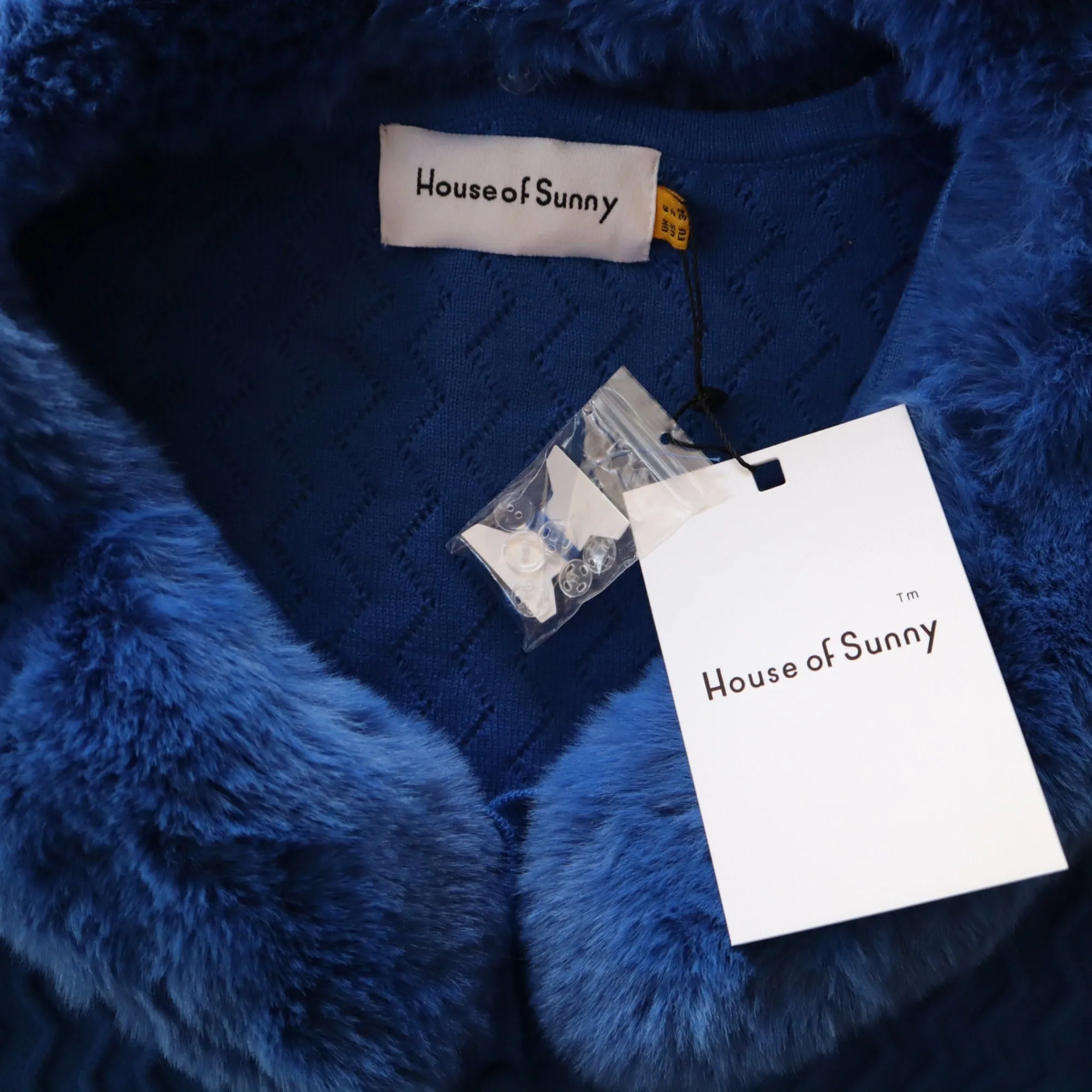 House Of Sunny Midnight Swirl Peggy Cardigan In Blue Faux Fur Collar & Cuffs XS