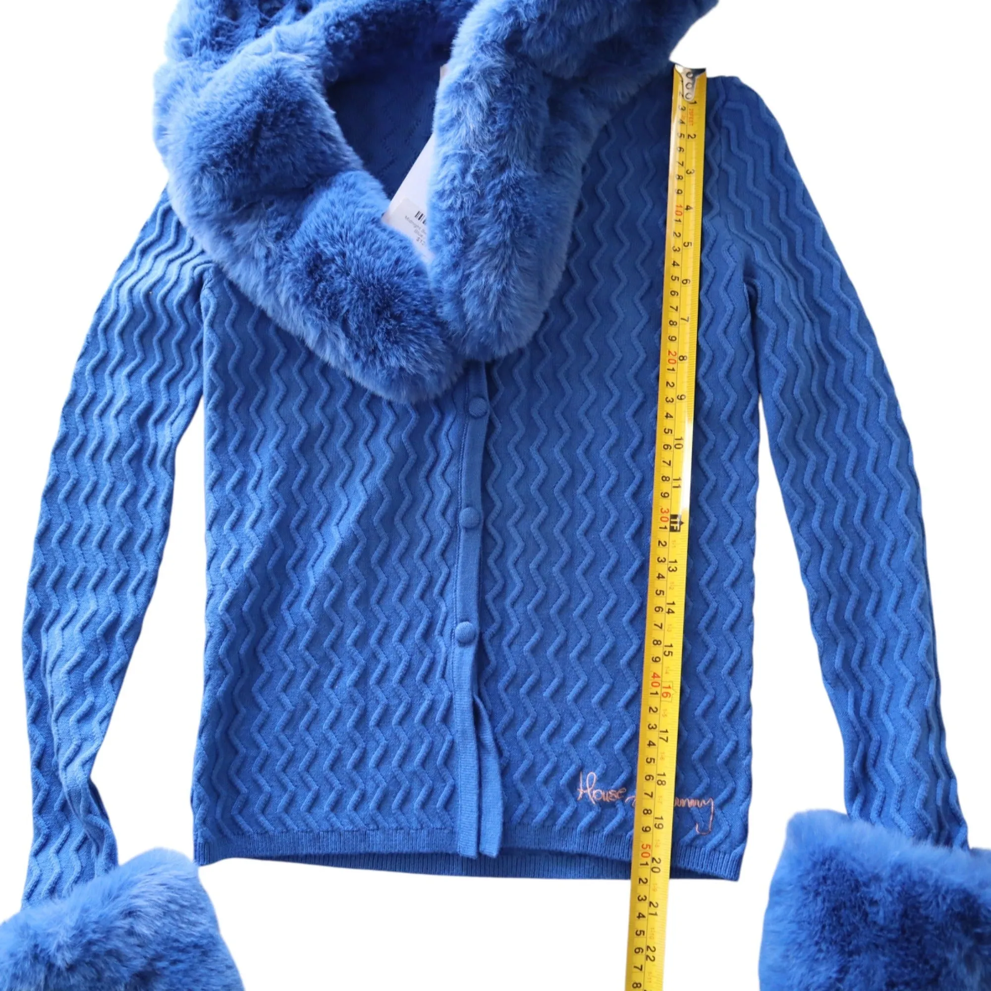 House Of Sunny Midnight Swirl Peggy Cardigan In Blue Faux Fur Collar & Cuffs XS