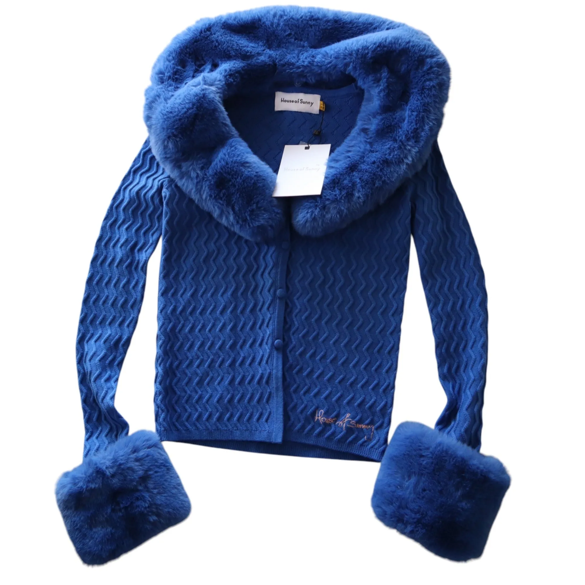 House Of Sunny Midnight Swirl Peggy Cardigan In Blue Faux Fur Collar & Cuffs XS