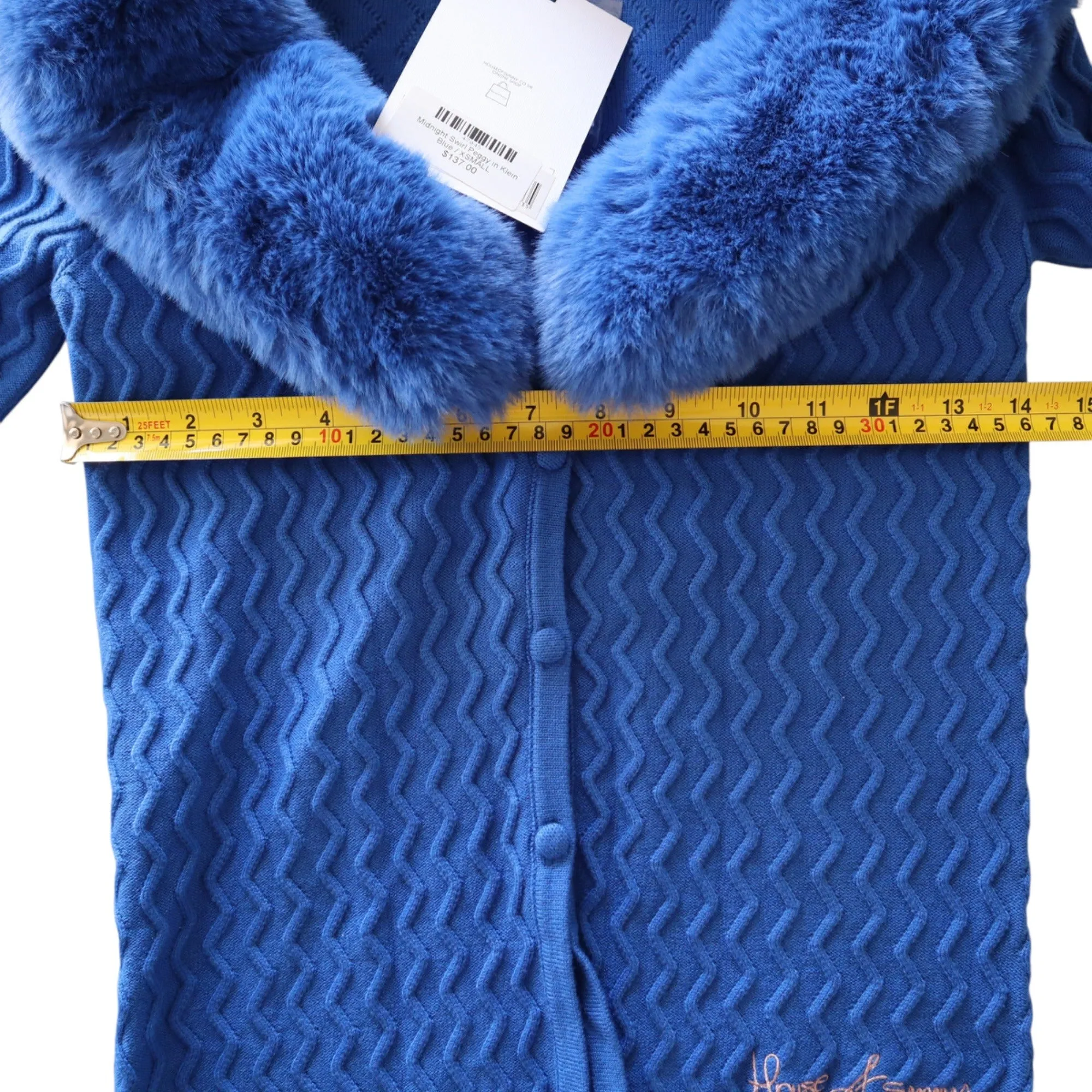 House Of Sunny Midnight Swirl Peggy Cardigan In Blue Faux Fur Collar & Cuffs XS