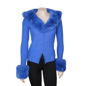 House Of Sunny Midnight Swirl Peggy Cardigan In Blue Faux Fur Collar & Cuffs XS