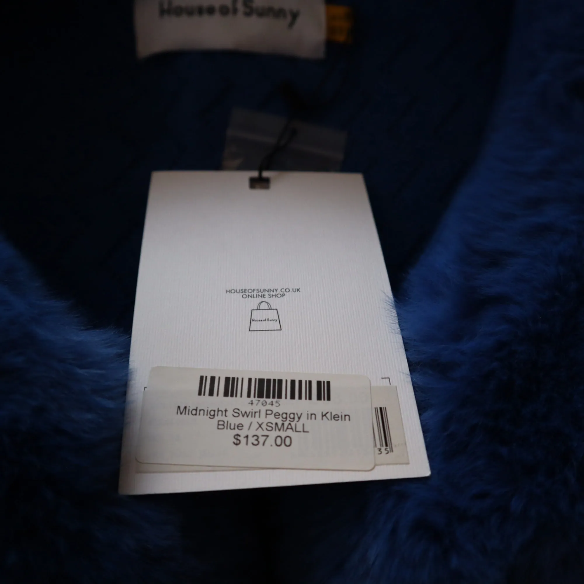 House Of Sunny Midnight Swirl Peggy Cardigan In Blue Faux Fur Collar & Cuffs XS