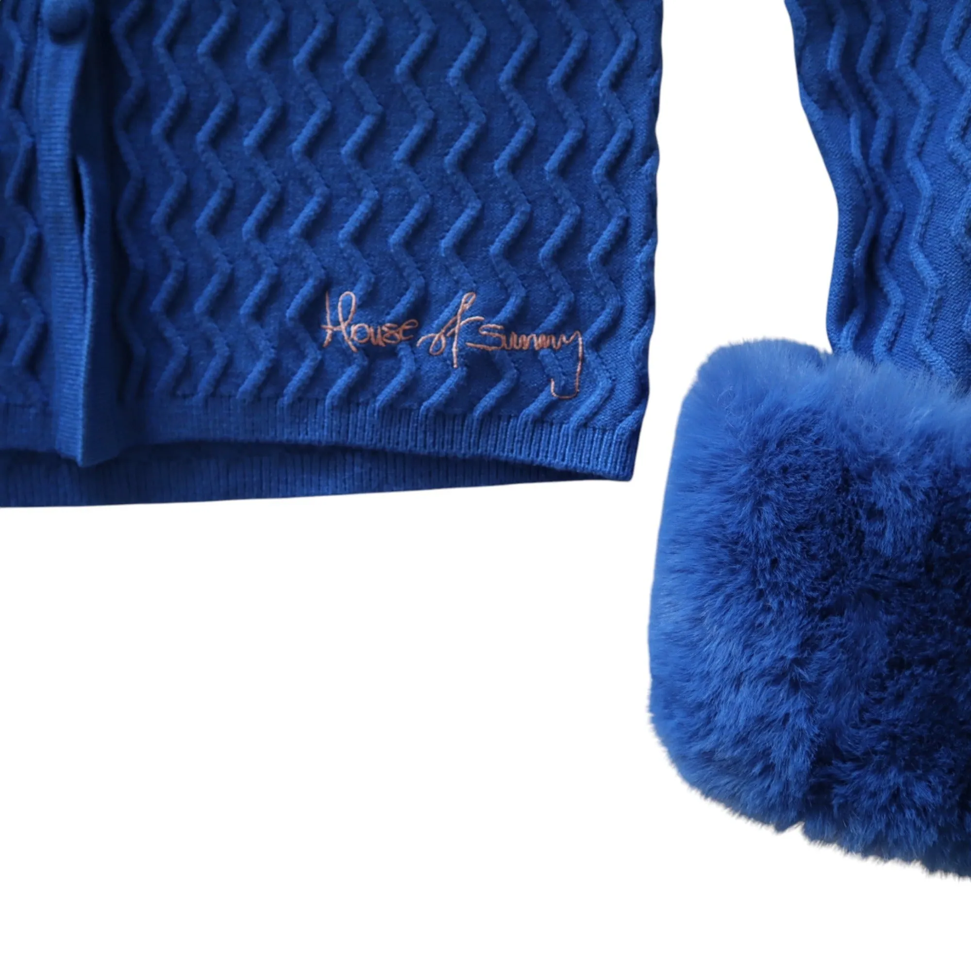 House Of Sunny Midnight Swirl Peggy Cardigan In Blue Faux Fur Collar & Cuffs XS