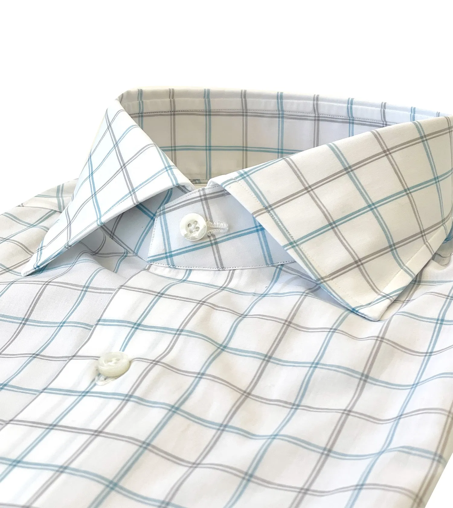 ISAIA White with Teal Windowpane Dress Shirt