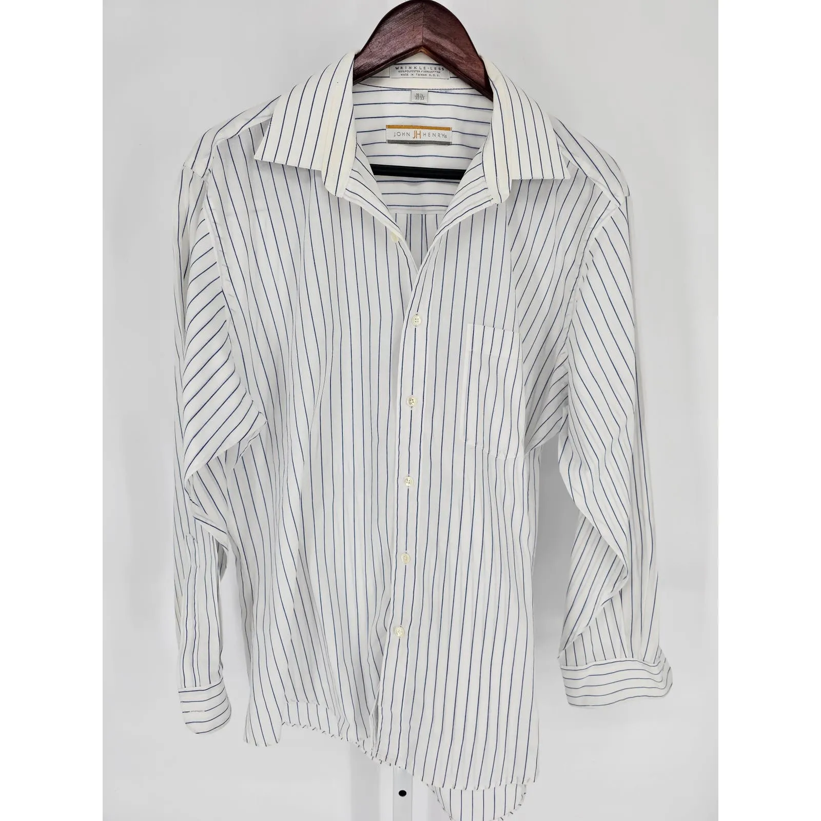 John Henry Mens Sz 16 1/2 32/33 Long Sleeve Dress Shirt Blue White Striped