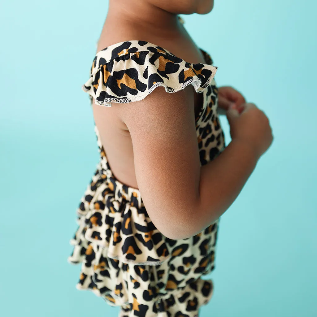 Lana Leopard Tan Ruffled Strap Bubble Romper
