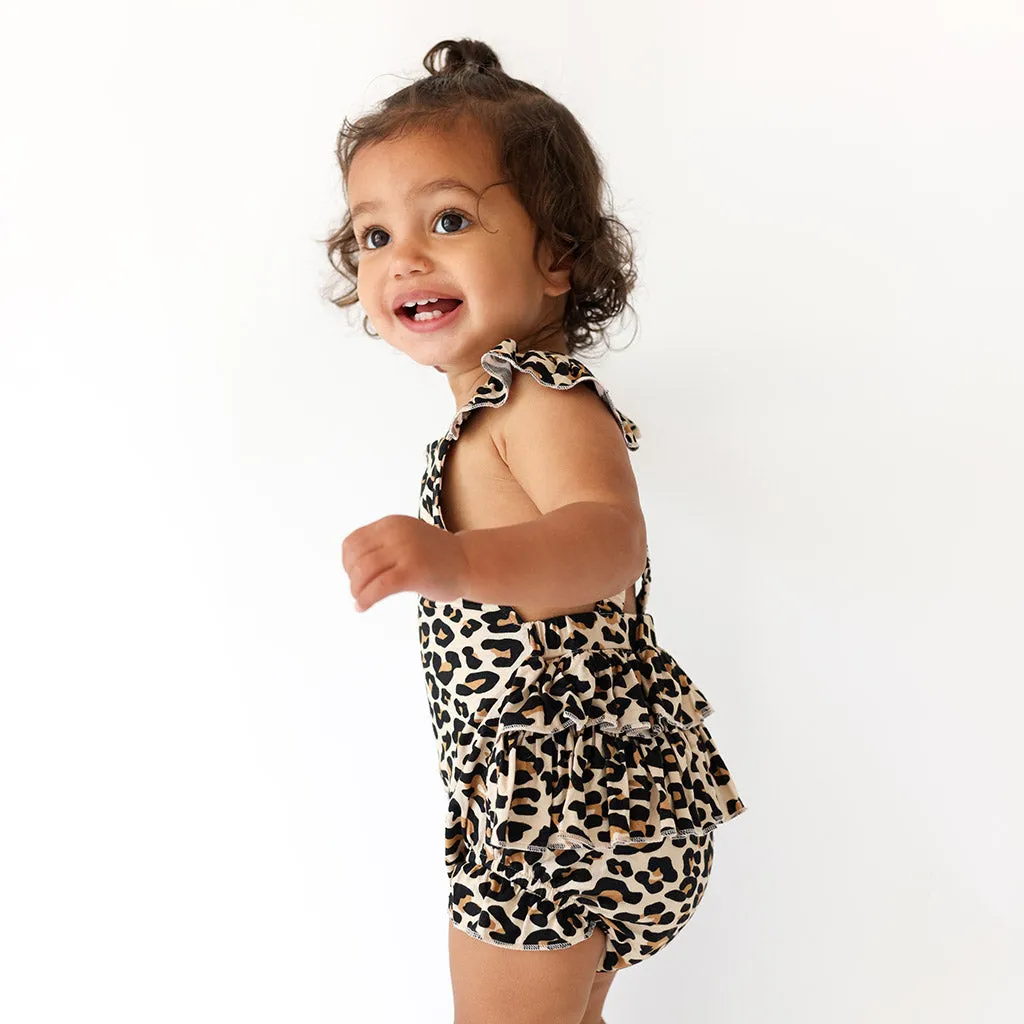 Lana Leopard Tan Ruffled Strap Bubble Romper