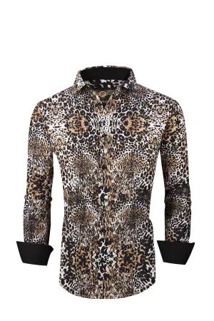 Men PREMIERE Long Sleeve Button Down Dress Shirt Black Brown Cheetah