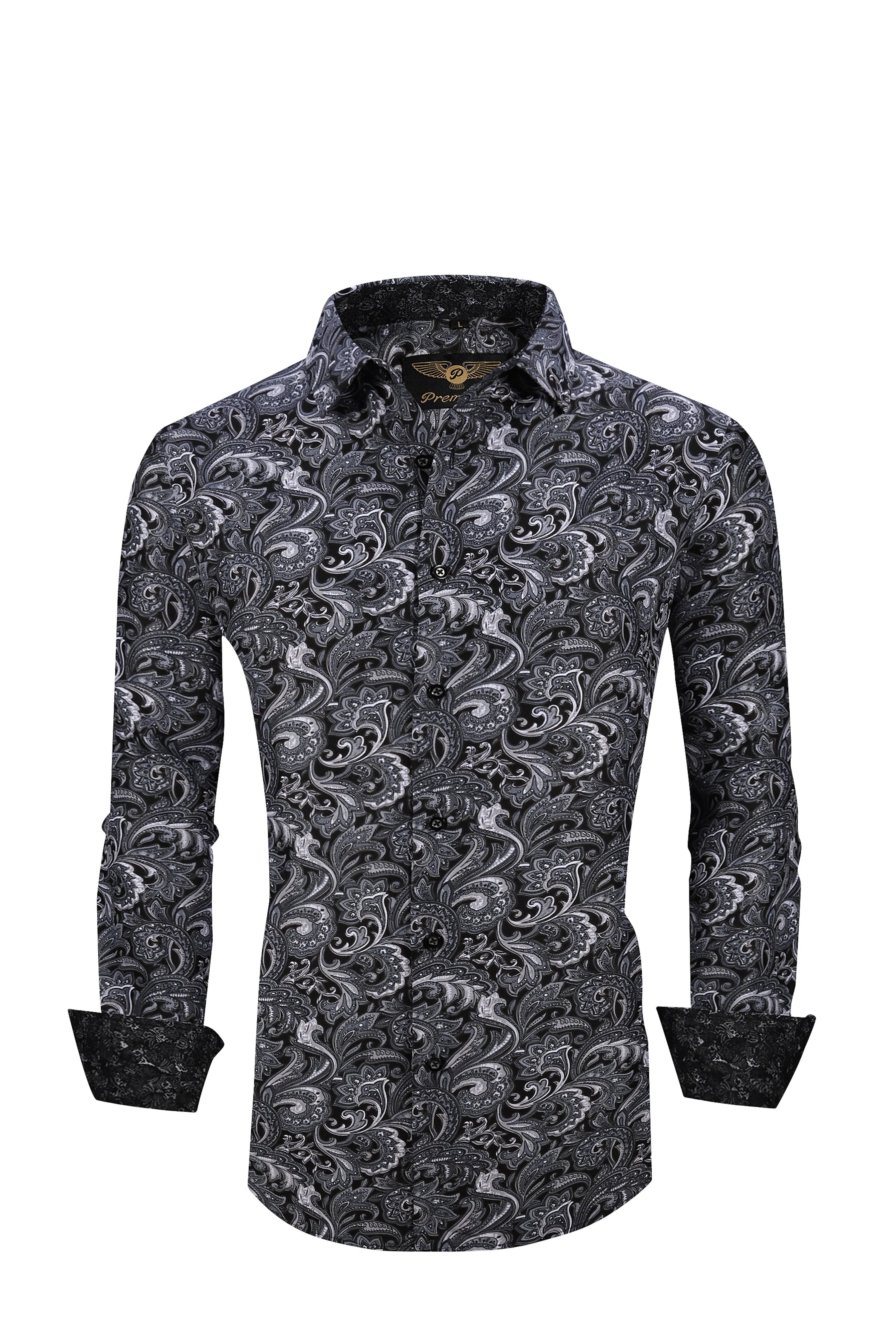 Men PREMIERE Long Sleeve Button Up Dress Shirt Black White Paisley