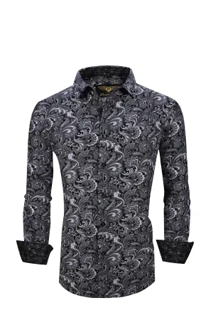 Men PREMIERE Long Sleeve Button Up Dress Shirt Black White Paisley