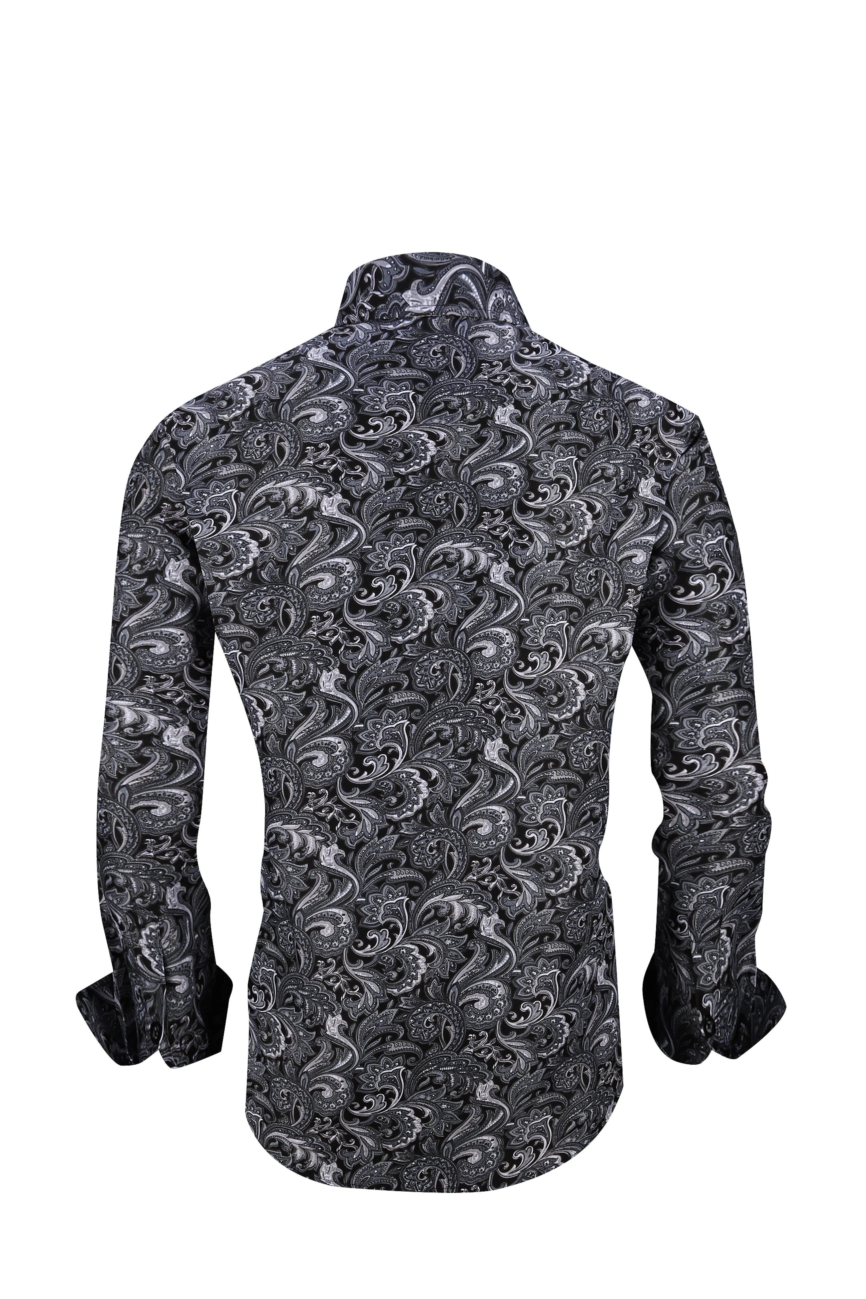 Men PREMIERE Long Sleeve Button Up Dress Shirt Black White Paisley