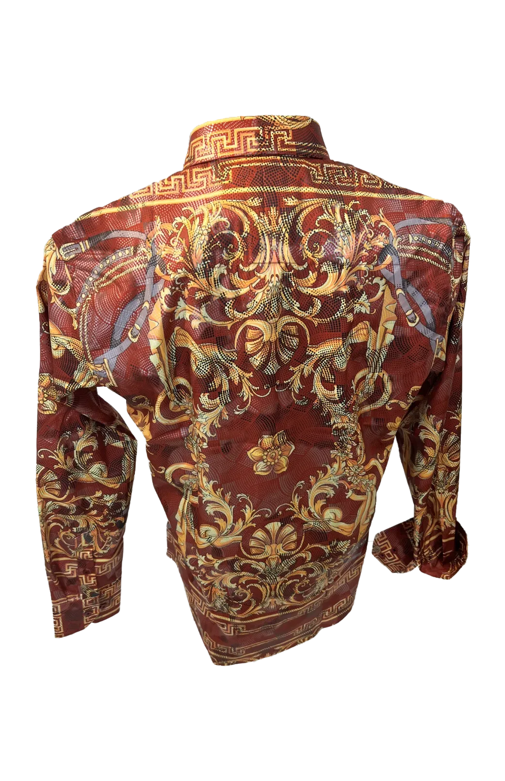 Men's Long Sleeve Button Down Dress Shirt Burgundy Red Gold Jewel Geometric