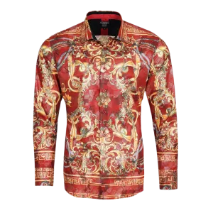 Men's Long Sleeve Button Down Dress Shirt Burgundy Red Gold Jewel Geometric
